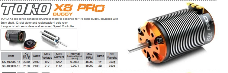 

SKYRC TORO X8 pro motor for 1/8 buggy rc car 4-pole rotor 2350KV 2150KV sensored