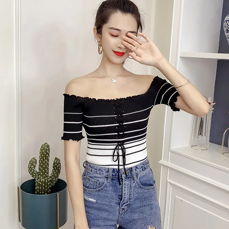

Women's Slash Neck Striped Short Sleeve Knitted Ruffles T-Shirt 2019 Summer Fashion Lady Sexy