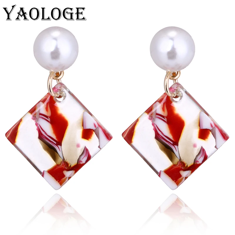 

YAOLOGE Simple Square Acrylic Pendant Imitation Pearl Stud Earring Color Bohemian Style Jewelry For Female Accessories New