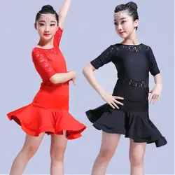 2019 спандекс хлопок девочки латинские платья для танцевальный для бальных танцев Танго танцевальное платье красный черный короткий рукав