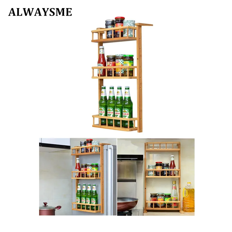 

ALWAYSME Pull-Out Wood Wall Cabinet Organizer Holder Rack 3 Tier Wall Mounted Kitchen Condiment Storage Organizer Shelf Rack