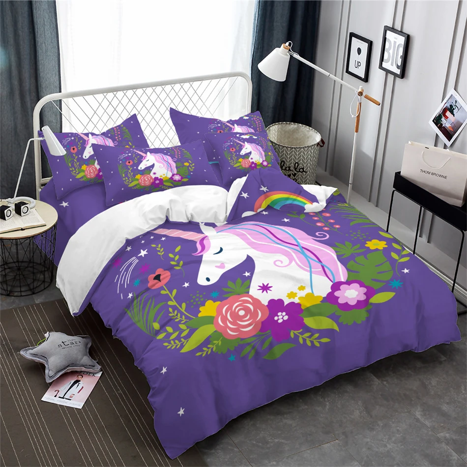 cheap Purple Unicorn Bedding Set Princess Cartoon Duvet Cover Set Plant Flowers Print Bedding King Queen Bedclothes Pillowcase D40