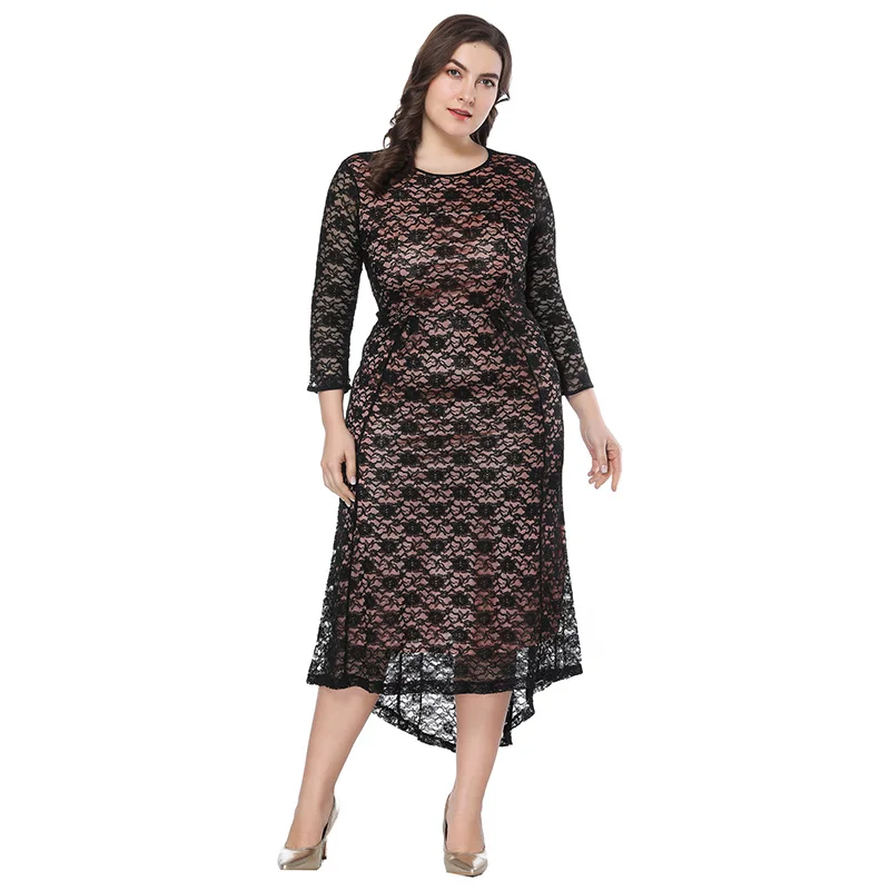 

2018 women Elegant black lace slim Plus size Dress female big size print Spring long Dresses Large size office lady Party dress