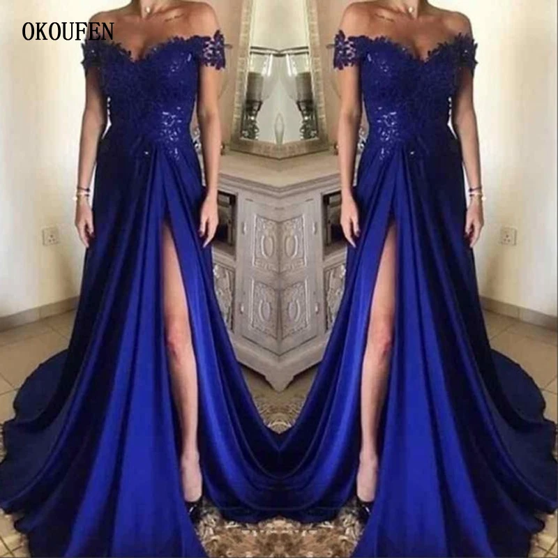 Elegant Royal Blue Lace Long Prom Party Dresses 2019 Off Shoulder Cap Sleeve Split Floor Length Satin Evening Gowns Formal Women Prom Dress-