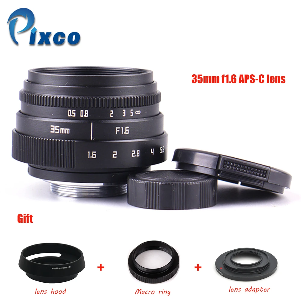 Pаспродажа Мини 35 мм f 1,6 APS C ТВ объектив + бленда + Macro Ring + C, чтобы адаптер для камеры Nikon 1 M4 3 для CanonM Pentax Q Nex Fuji