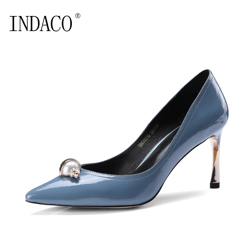 

2019 High Heel Leather Pumps Shallow Blue Brown Pearl Sexy High Heel Spring Summer Shoes for Office Lady 8CM INDACO