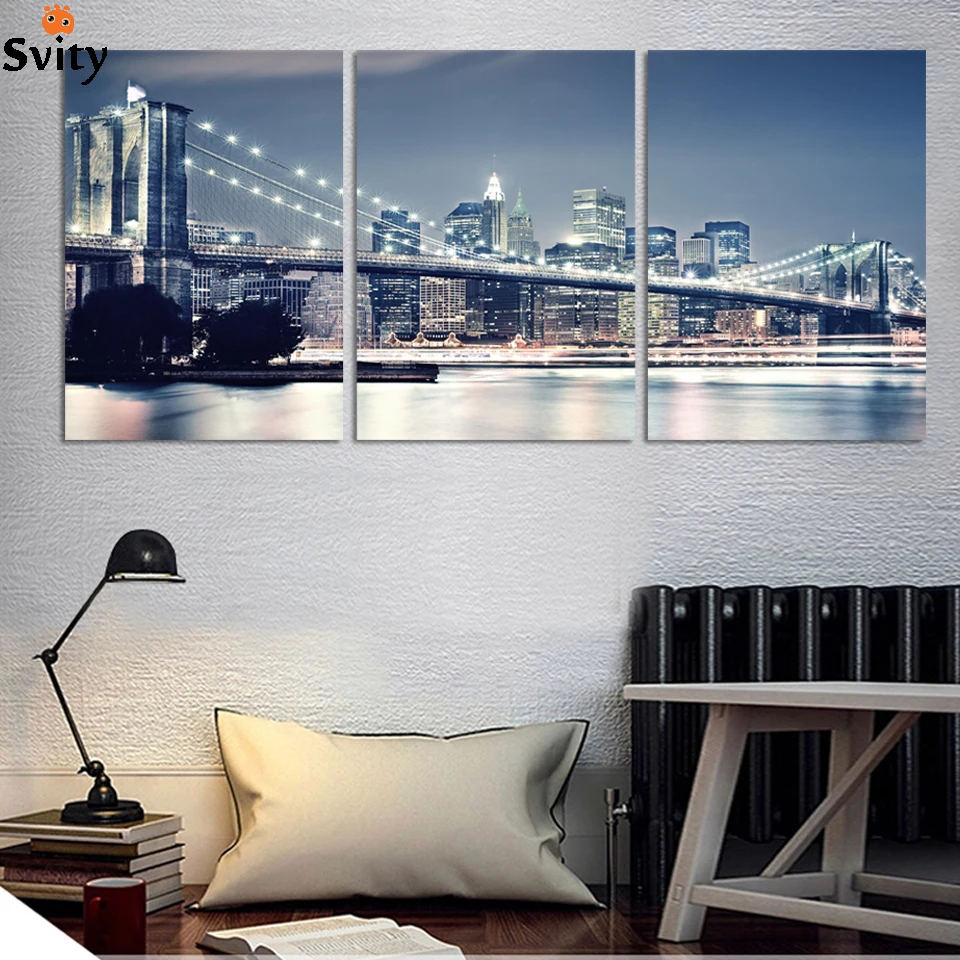 Fashion 3 Panels/Set Large HD City Night and Bridge Picture Canvas Print Painting Artwork Wall Decorative Oil painting No frame