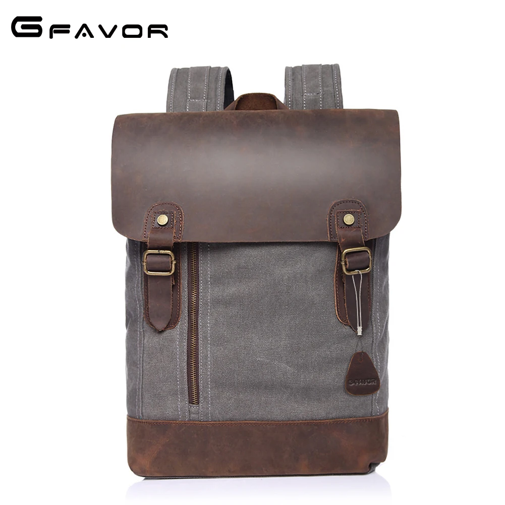 

G-FAVOR Brand Backpack Men Luxury Quality Crazy Horse Leather&Canvas Computer Shoulder Bag Vintage Mens Travel Bags