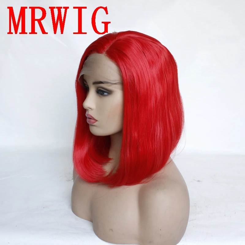 MRWIG 12in Short Bob Synthetic Lace Front Wig Left Side Part Red Hair Color for African American Woman