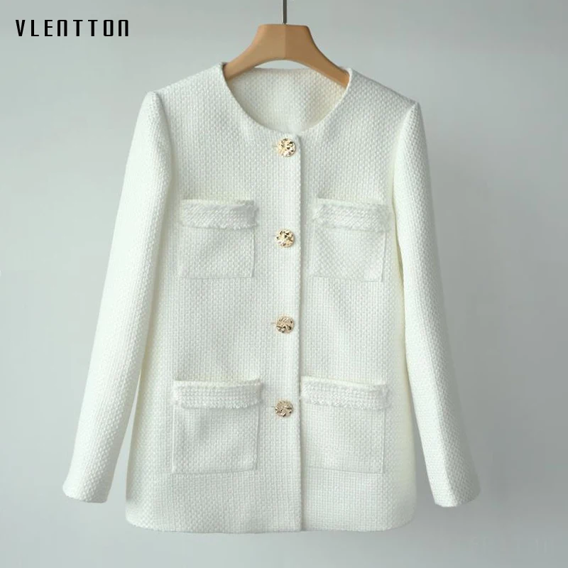

Spring Elegant Office Lady Wool Tweed Jackets Coats Single Breasted O-neck Long Sleeve Slim Female Jacket White Black Outerwear