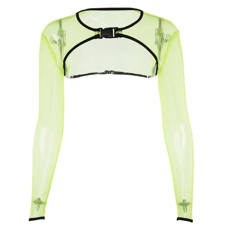 

Women Long Sleeve Sexy Hollow Out Gird Sheer Mesh Crop Top Summer Bright Fluorescent T-Shirt Buckled Skinny Beach Party Clubwear