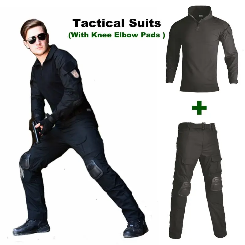 

Black Camouflage Men Clothes Tactical Ghillie Suit Military Uniform Shirt + Pants Knee Pads Clothing Army Combat Hunting Clothes