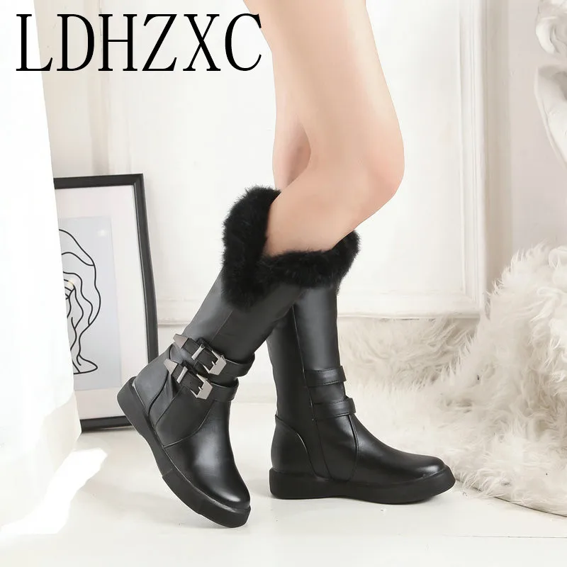 

LDHZXC Pu Leather Women Knee High Boots Fashion Slip on Wedges Heel Fashion Winter Boots Women Boots Big Size 34-43