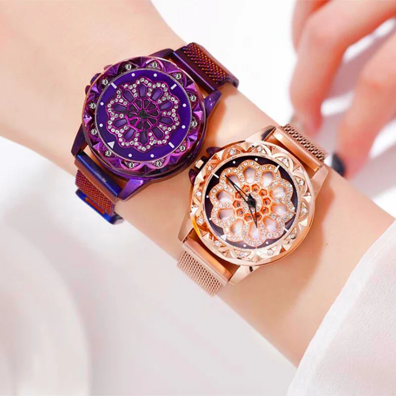 

Rotating ladies watch magnet dial relogio feminino stainless mesh fashion diamond female luminous shining quartz watches montre