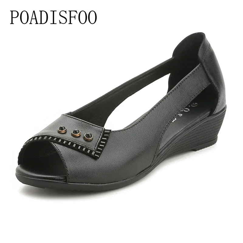 

POADISFOO mother sandals female summer leather middle-aged ladies fish mouth shoes wedge heel rhinestone flat sandals.LL-5008
