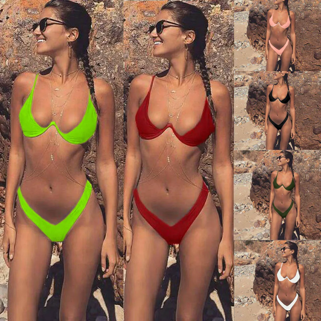 

Sexy Women Manual Solid Green Red White Underwire Push-Up Padded Bra Beach Wear Bikini Set Swimsuit Swimwear Summer Bathing Suit