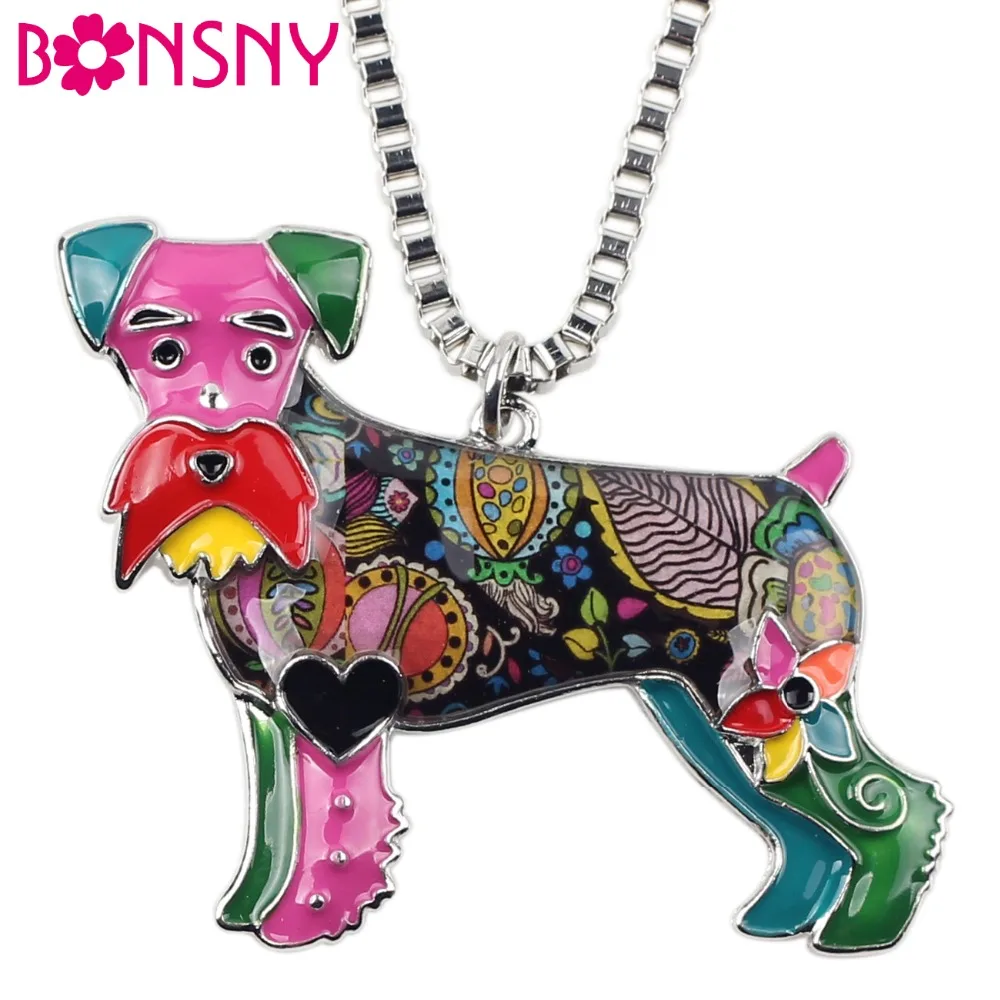 

Bonsny Enamel Alloy Standing Schnauzer Dog Necklace Pendant Collar Chain Animal Jewelry For Women Girls Female Gift Wholesale