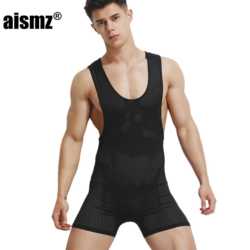 Aismz bodysuit men corset nylon tight clothing elasticity underwear men