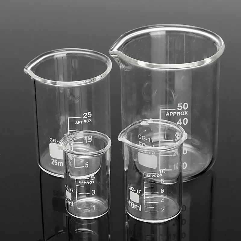 Новые 4 шт./компл. 5 мл 10 мл 25 мл 50 мл Стекло прозрачный мерный стакан Градуированный боросиликатного Стекло стакан Школа Лаборатории