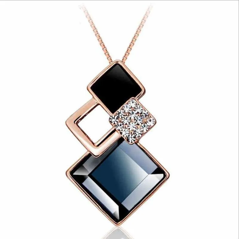 

TJP Vintage Crystal Geometric Square Pendant Necklace Female Accessories Fashion Girls Silver 925 Box Chain Necklace Jewelry