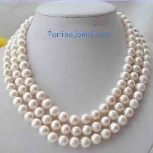 

Stunning 3 Rows 9-10mm Round White Freshwater Cultured Pearls Necklace,Genuine Pearl Jewellery,18-20inches,New Free Shipping