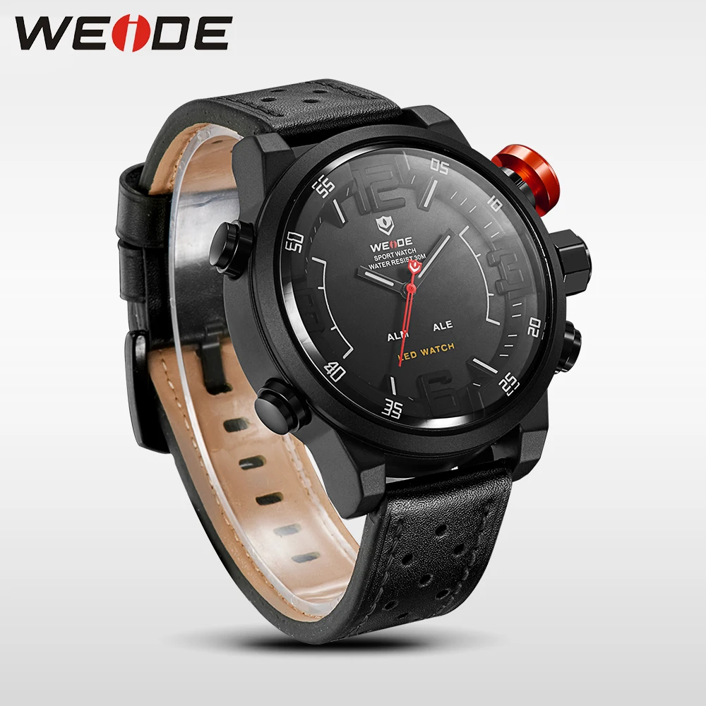 WEIDE Men's Business Casual Sports Quartz LED Display Top Luxury Brand Quartz Leather Strap Military Army Wrist Watch  Clock