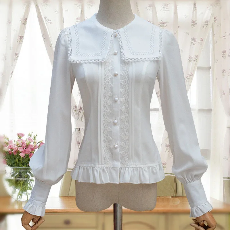 

Women Autumn Lolita Layer Collar Blouse Elegant Chiffon Shirt White & Black Lace Ruffled Button Up Lantern Sleeves Top For Lady