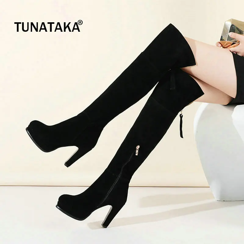Kopen Vrouw Suede Platform Vierkante Hoge Hak Over De Knie Laarzen Mode Ronde Neus Side Rits Jurk Winter Dij Laarzen Zwart