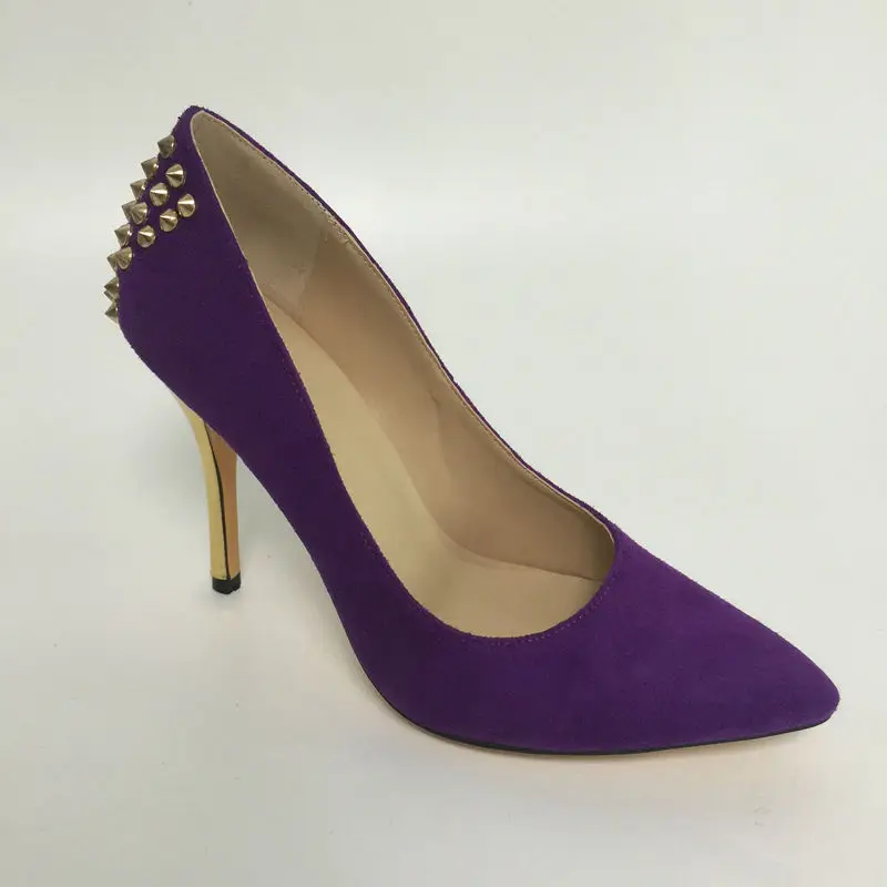 Purple Rivet Women Pumps Pointed Toe Stilettos High Heels Slip-On Faux Suede Ladies Party Pump Shoe Sapato Feminino Size 15 Heel