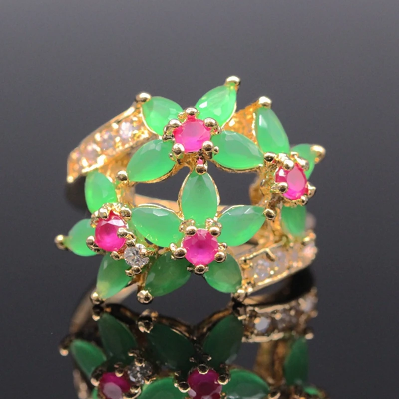 

JINYAO Elegant Champagne Gold Color Flowers Green&Red AAA Cubic Zircon Finger Ring Party Jewelry For Women G06-1