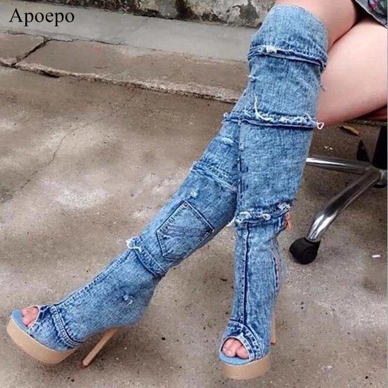 

Women Hole Denim Boots Summer Autumn Peep Toe Over The Knee Boots Quality High Elastic Jeans Fashion Boots High Heels M119
