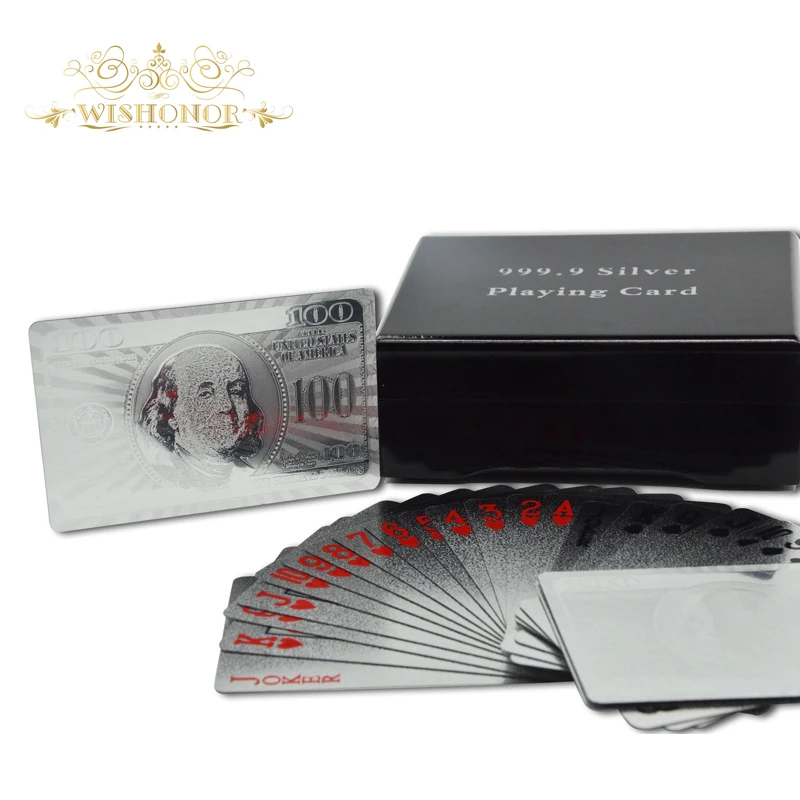 

Promotional Gifts America 100 Dollar Bill Playing Cards Silver Plated Playing Card With Wooden Case For Wholesale