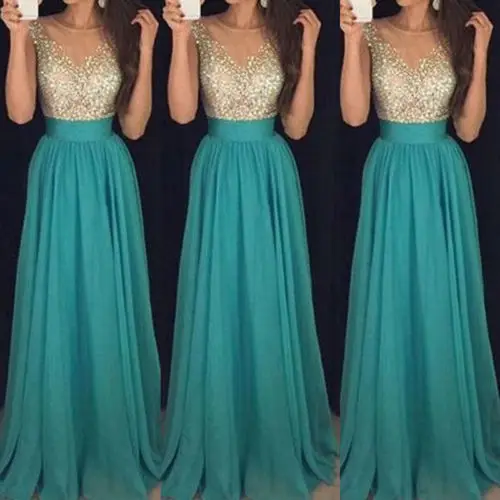 

Summer New Women Formal Wedding Party Dress Sequins Chiffon Sleeveless Mesh Dress Evening Party Ball Prom Gown High Waist Dress