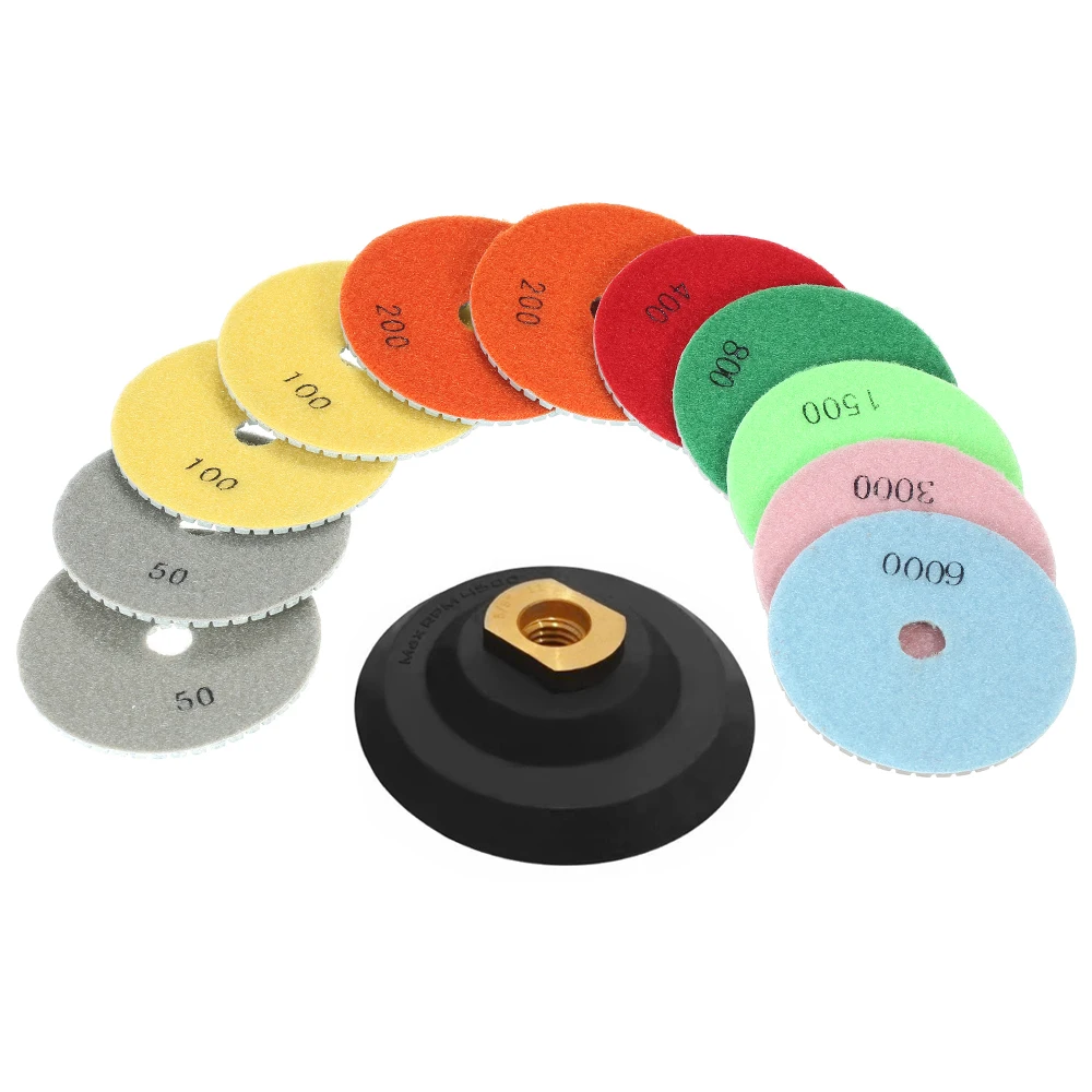 

11pcs 4 inch Diamond Wet Polishing Pads Grinding Disc + 1pc Backing Pad for Granite Marble Stone Ceramic Tile Concrete