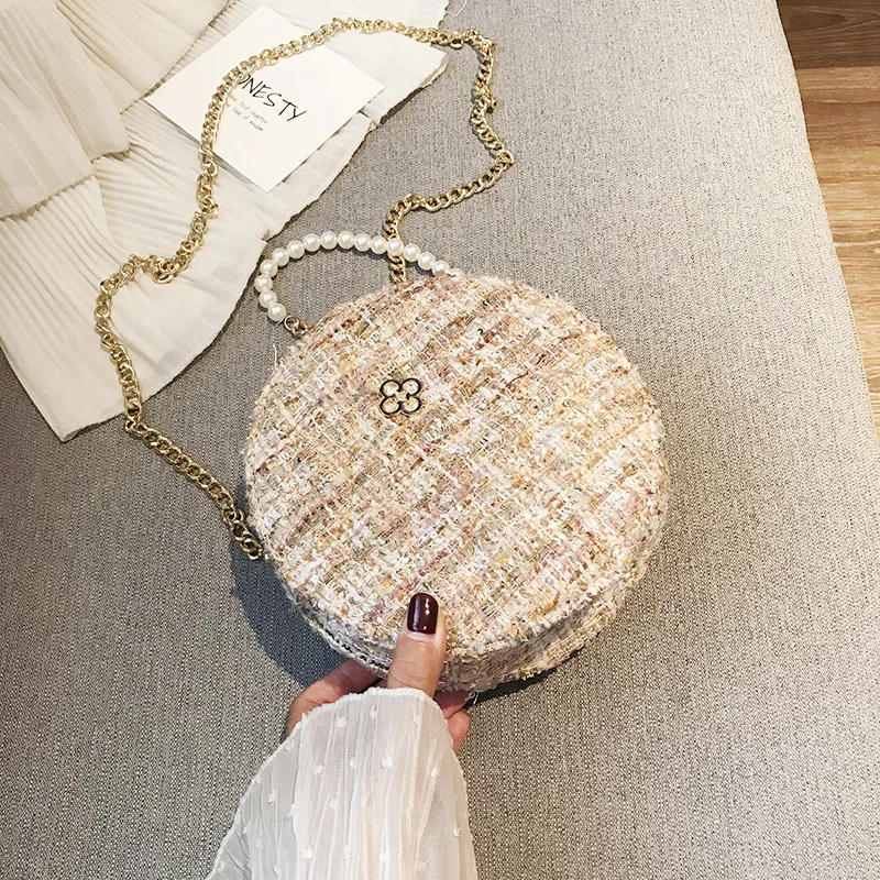 

2019 New Fairy Pearl Chain Shoulder Bag Wild Woolen Messenger Bag Chain Small Round Bag