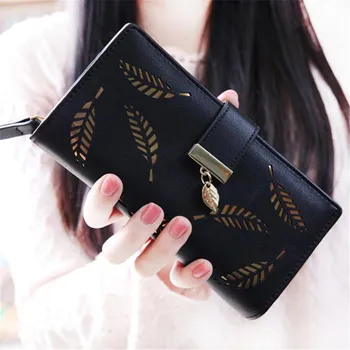 

2017 Most Popular Women Leaf Bifold Wallet Leather Clutch Card Holder Purse Lady Long PU leather Handbag High Quality A9