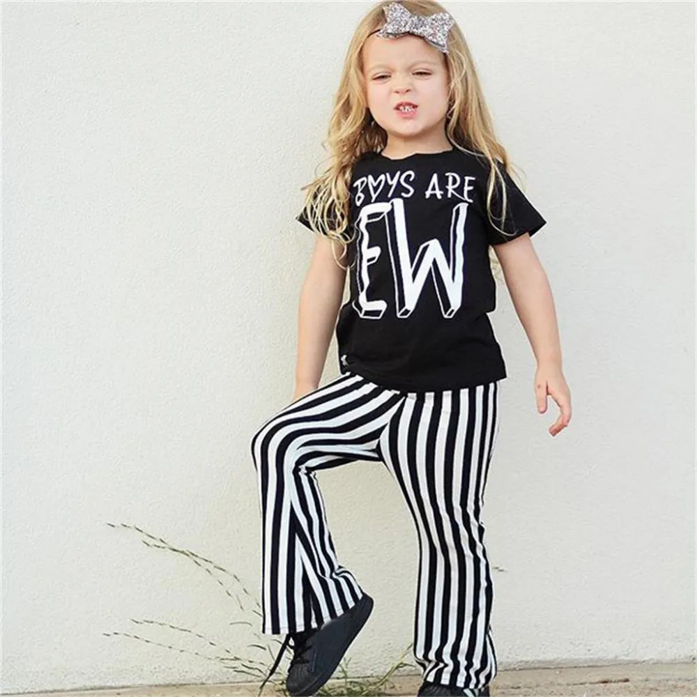 

Summer Fashion Children Kids Baby Girl Modis O-Short Sleeve Outfits Clothes T-shirt Tops+Striped Flared Trousers Set Kid Clothes