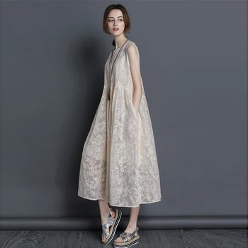 

Spring 2019 New Loose Medium-length Embroidered Silk Ogan Yarn Sleeveless vest Dress