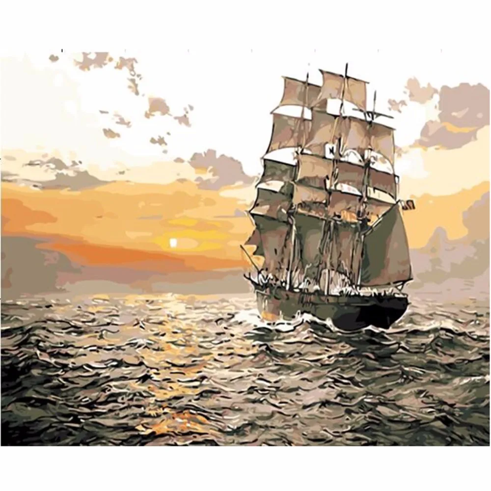 

Frameless Sunset Boat DIY Digital Oil Painting Paint By Number Canvas Artwork Wall Room Home Decor