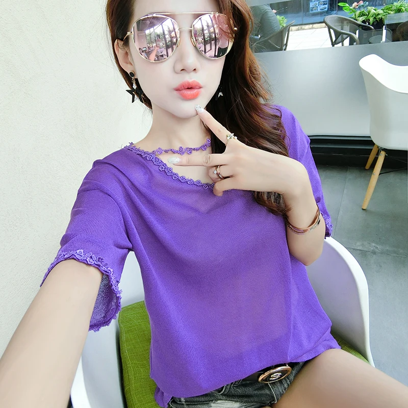 Summer Hollow Knitted Woman Short Sleeve Lace Flower V Neck Pullover Sweater Female Tops Elastic Loose knitting 2019 Spring New