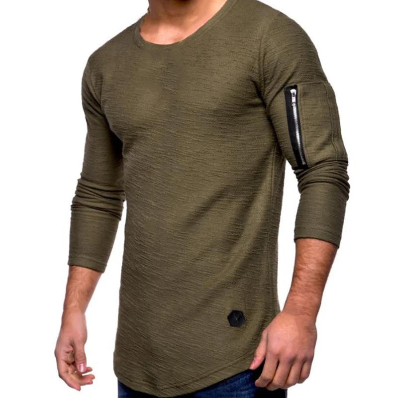 

Men's t-shirt Summer Long Sleeve O Neck Fitness Tops Arm Zipper Stitching Personality european-style Long T-shirt
