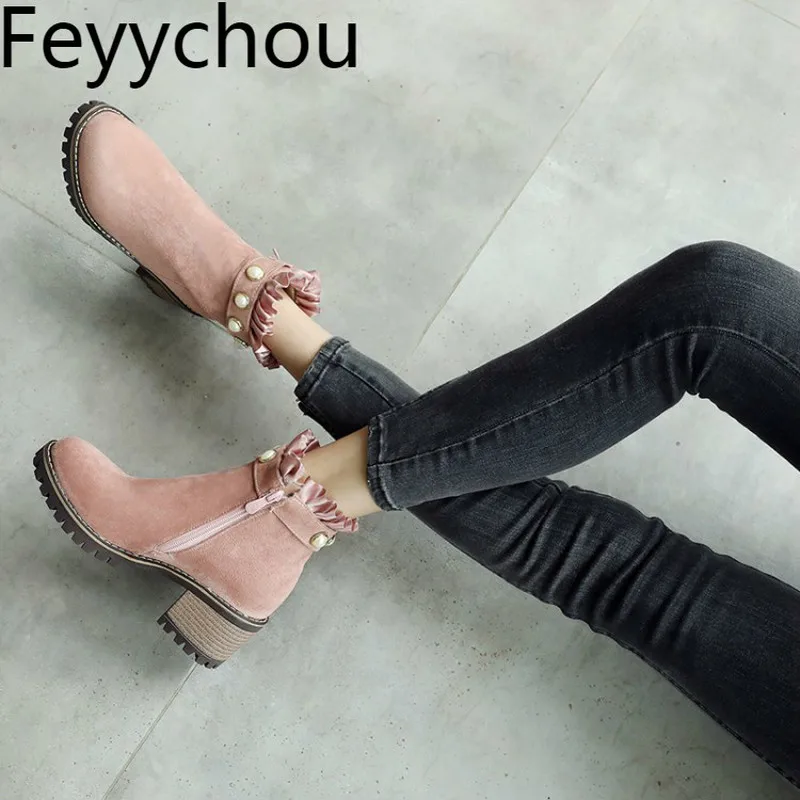 

Women Boots Autumn Winter Med Heel Warm Flock Ankle Chelsea Shoes Round Toe Zip 2018 New Sexy Fashion Casual Pink Yellow Black