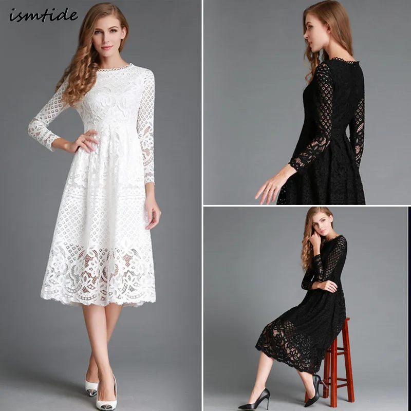 Vintage White Beach Dress Long Sleeve O Neck Black Crochet Lace Floral Dresses Women Silk Cotton Sundress White Lace Mesh Dress long-white-lace-dress