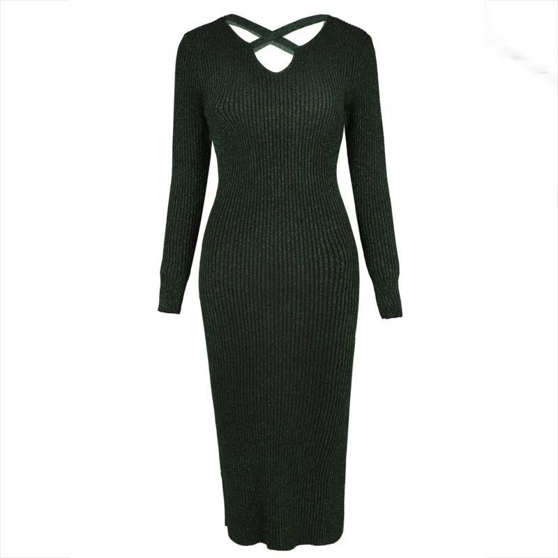 

Young17 Autumn Dress Women Green Purple Thread V-Neck Fashion Popular Knitted Slim Sexy Cross Winter Dress Fall Bodycon Dress
