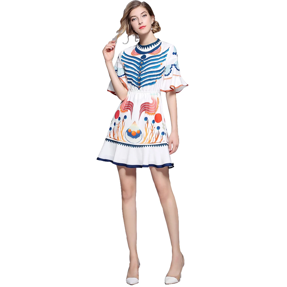 

Fashion Womans Summer Print Dress O-neck Female A-line Mini Dresses Half Sleeve Vintage Printed Dress Woman