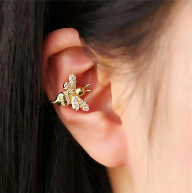 

Gold filled micro pave clear cubic zirconia sparking cute animal bee charm Gold color Clip on ear cuff women earring