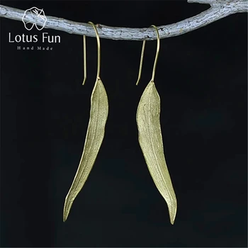Lotus Fun Real 925 Sterling Silver Natural Original Handmade Fine Jewelry Vintage Long Leaves Drop Earrings for Women Brincos