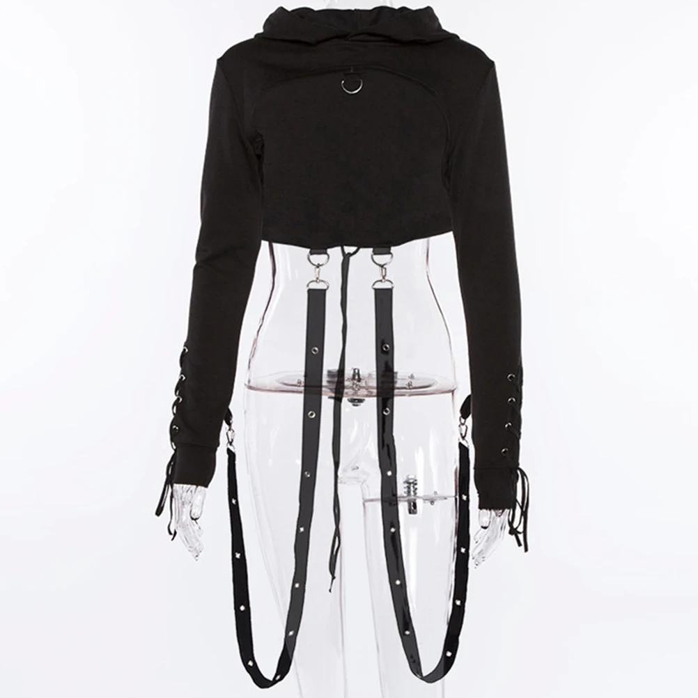 

Black Short Hoodies Womens Cross Bandage Metal Hooded Pullover Sweatshirts Pastel Gothic Fashion Goth Beauty Tops For Girl