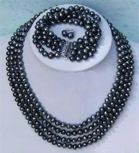 

hot Fast shipping +Noblest 4rows 6-7mm black pearl necklace bracelet earring sets (A0516)