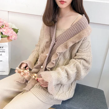 

2019 new women cardigans knitted loose ruffles elegant solid lady sweaters outwear jacket coat tops